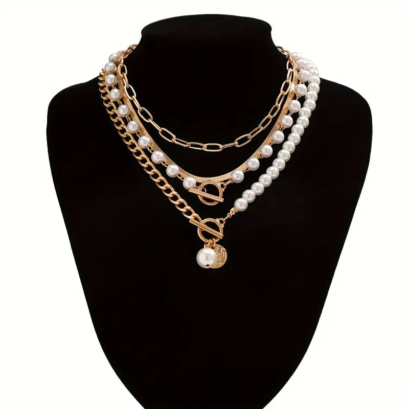 Vintage Pearl & Gold Snake Chain Necklace Set | Gold