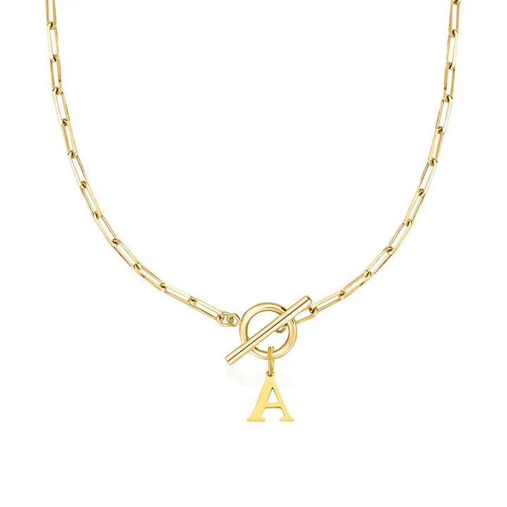 Paperclip Chain Initial & Circle Lock Necklace | White Gold
