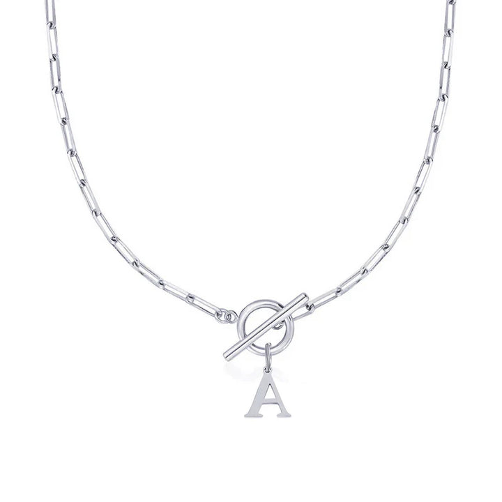 Paperclip Chain Initial & Circle Lock Necklace | White Gold