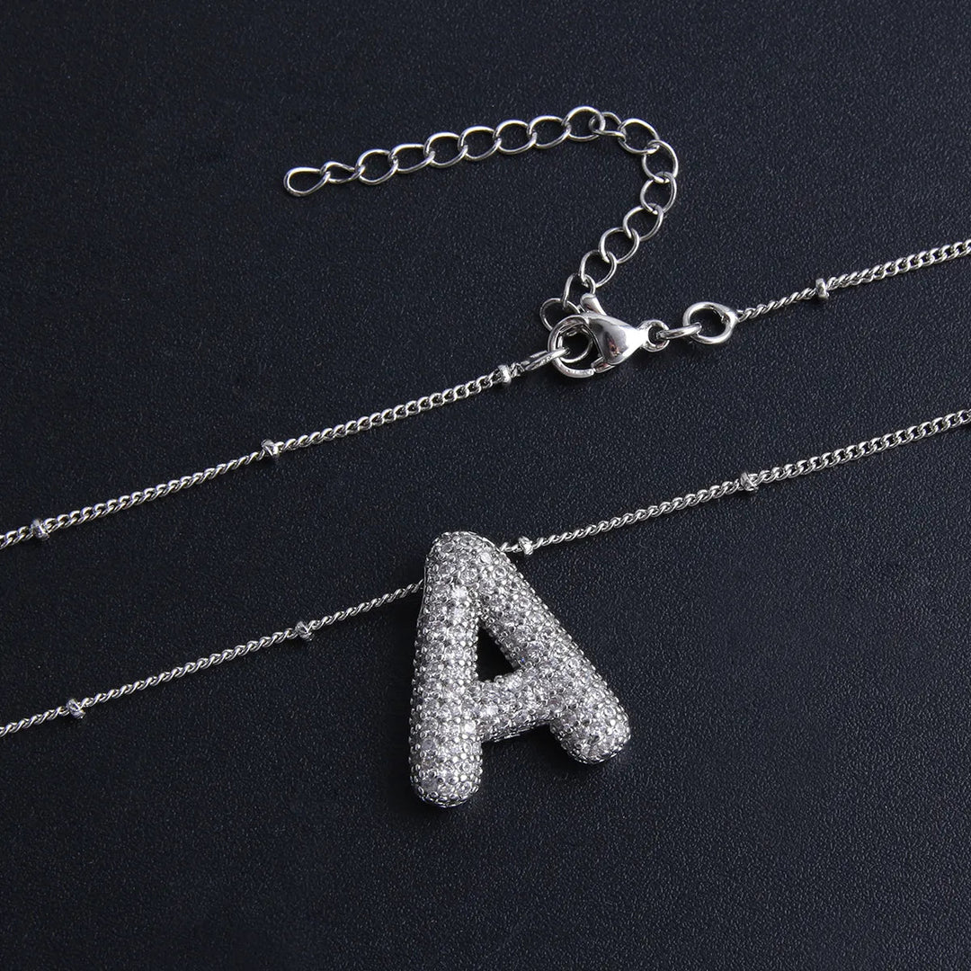 Bubble letter initial necklace set | White Gold
