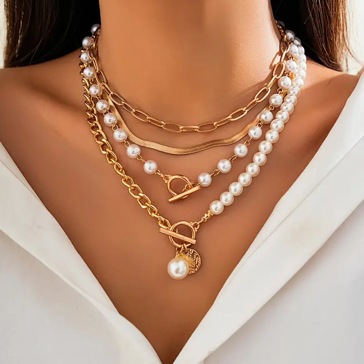 Vintage Pearl & Gold Snake Chain Necklace Set | Gold