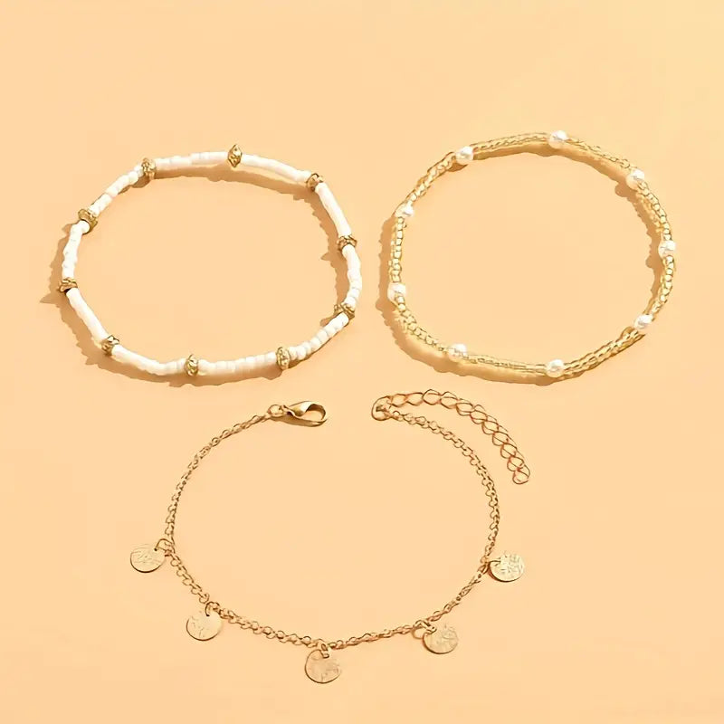 Coastal Charm 3-Piece Layered Anklet Set | Gold