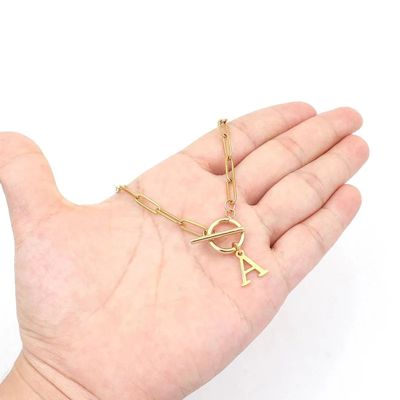 Paperclip Chain Initial & Circle Lock Necklace | White Gold