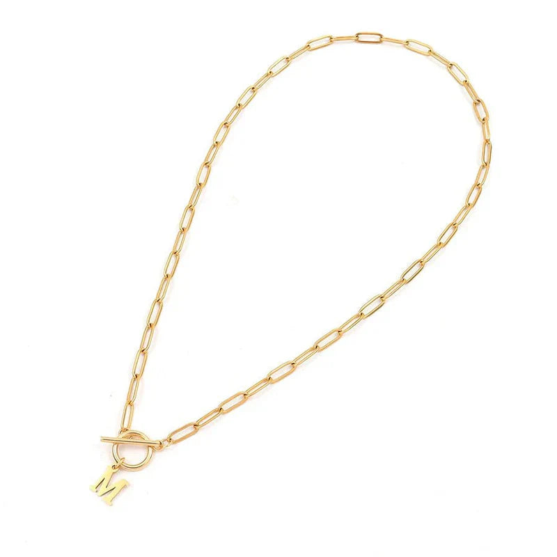 Paperclip Chain Initial & Circle Lock Necklace | Gold